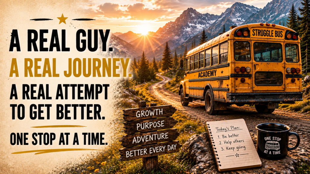 Illustration of the Stuggle Bus Academy journey toward personal growth and self-improvement in midlife.