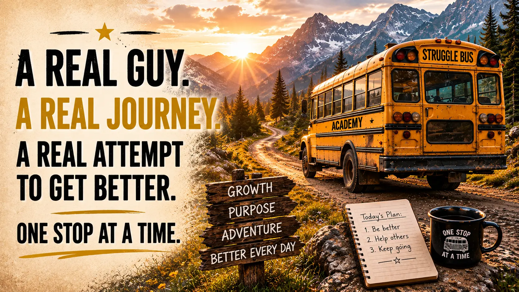 Illustration of the Stuggle Bus Academy journey toward personal growth and self-improvement in midlife.