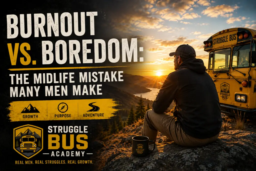 Middle-aged man reflecting at sunset while considering burnout versus boredom in midlife.