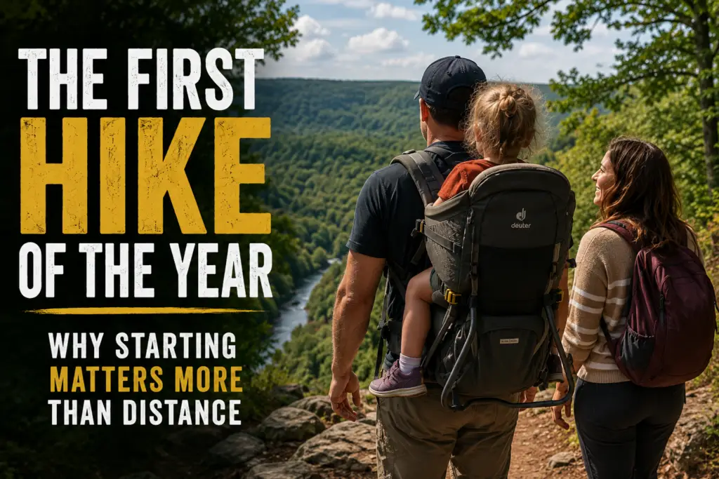 Father carrying toddler in a hiking backpack while his wife walks beside him on a forest trail overlooking a river valley during their first family hike of the year.