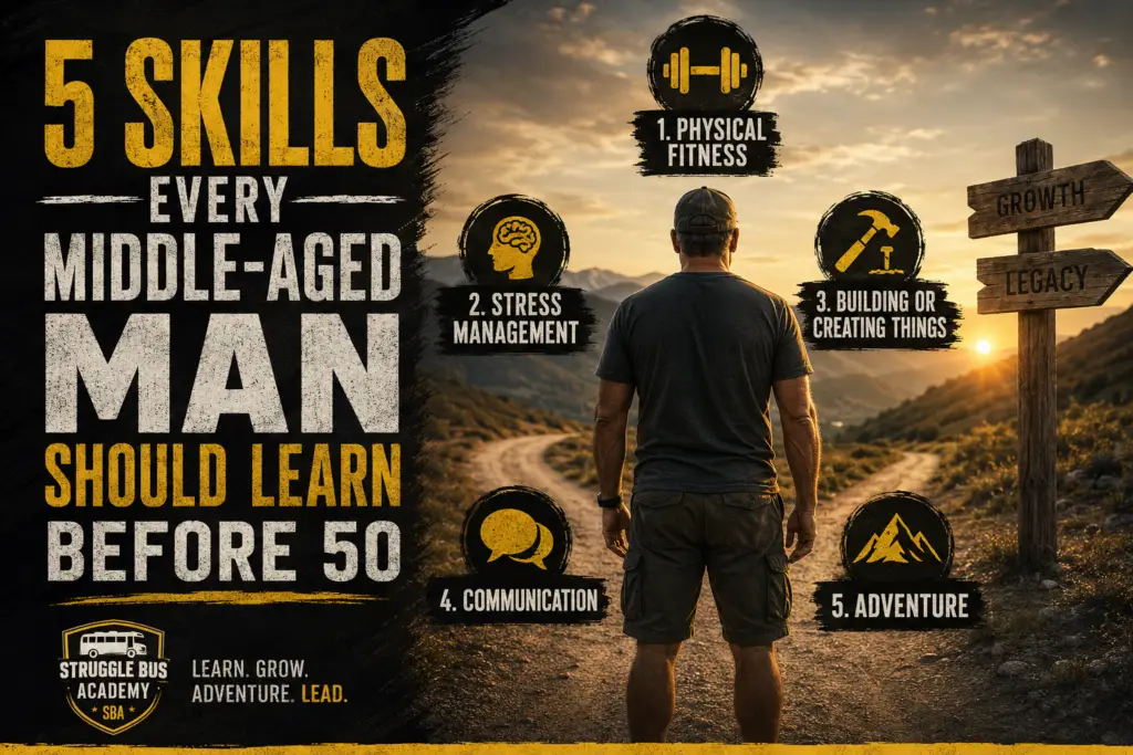Middle-aged man standing at a crossroads representing five essential life skills including fitness, stress management, creativity, communication, and adventure.