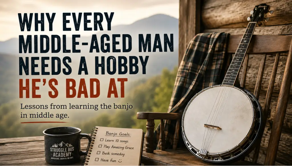 Middle-aged man learning banjo on a rustic porch overlooking Appalachian mountains