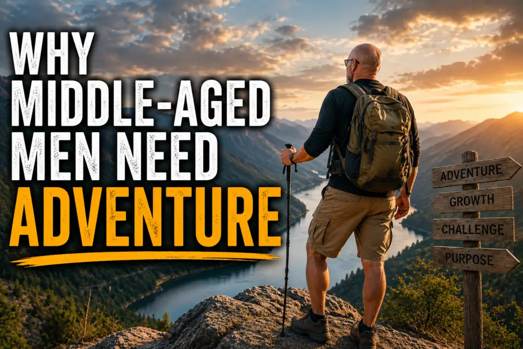Middle-aged man standing on a mountain overlook at sunset, representing adventure, growth, and lifelong learning.