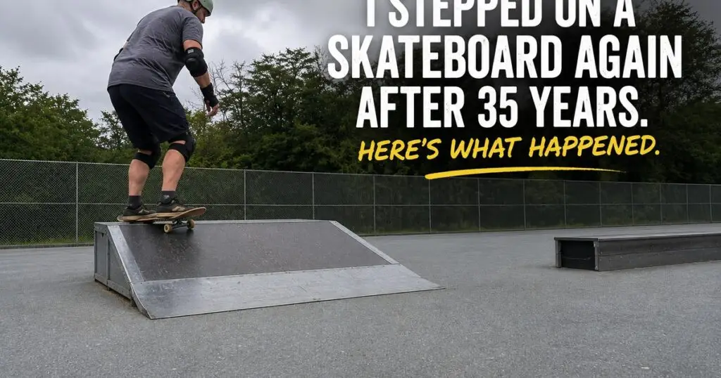 Middle-aged man skateboarding again after 35 years at a skatepark